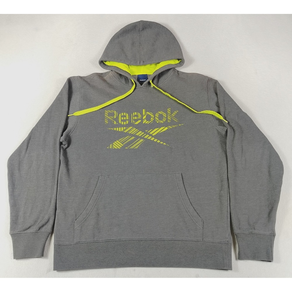 Reebok Hoodie Sweatshirt Mens Medium Gray Neon Logo Fleece Pullover Lined